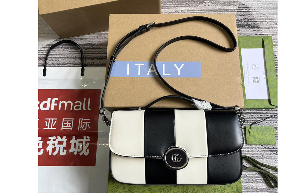 Gucci 739721 Petite GG Small Shoulder Bag in Black and white leather