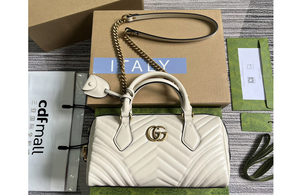 Gucci ‎746319 GG Marmont Small Top Handle Bag in White matelassé chevron leather