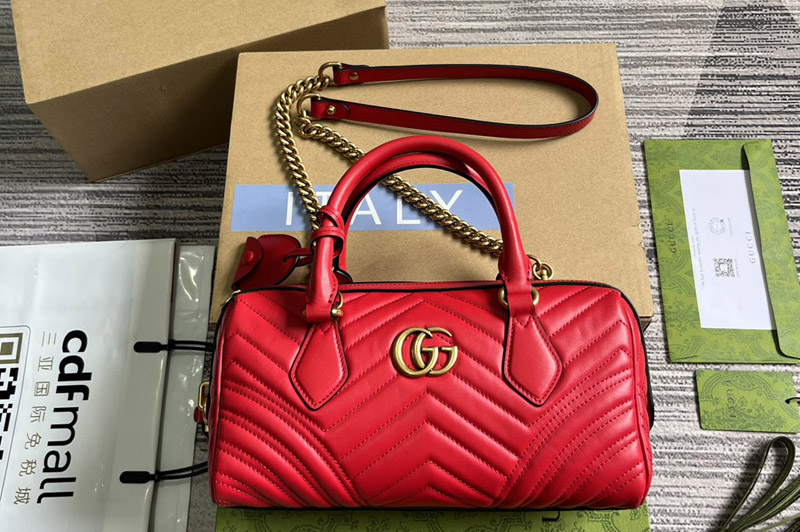 Gucci ‎746319 GG Marmont Small Top Handle Bag in Red matelassé chevron leather