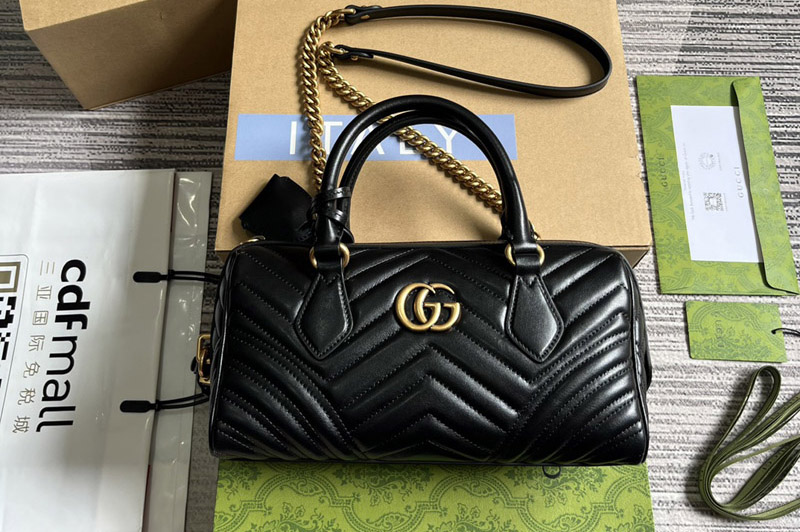 Gucci ‎746319 GG Marmont Small Top Handle Bag in Black matelassé chevron leather