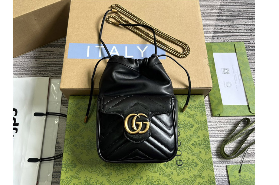 Gucci ‎746433 GG Marmont Mini Bucket Bag in Black matelassé chevron leather