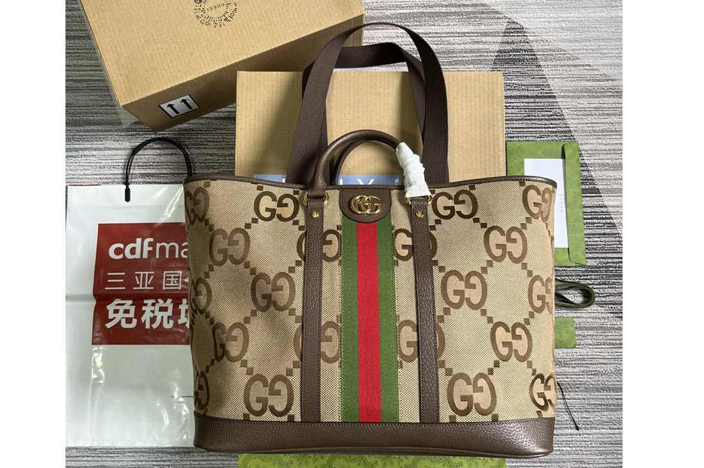 Gucci 756660 Jumbo GG Medium Tote Bag in Camel and ebony jumbo GG canvas