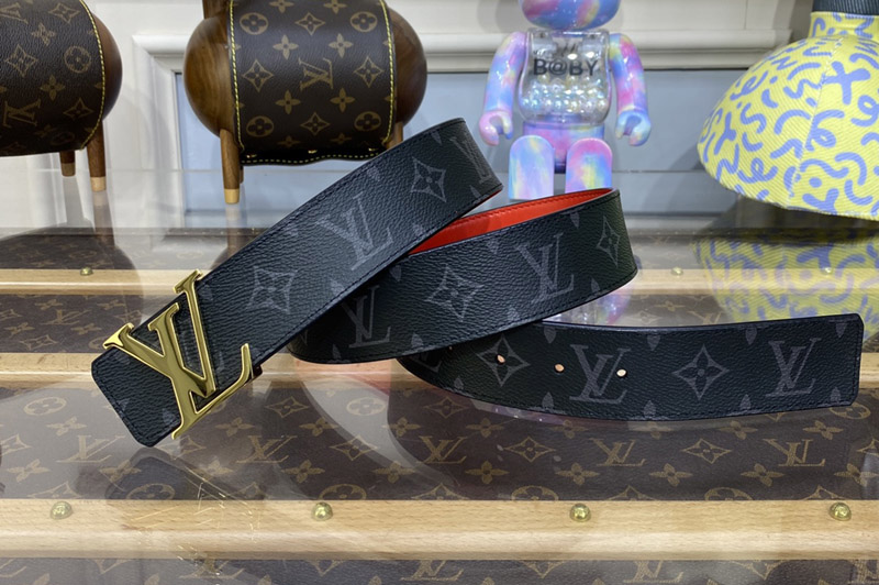 Louis Vuitton M0601V LV Initiales 40MM Reversible Belt in Monogram Eclipse canvas and Red calf leather Gold Buckle