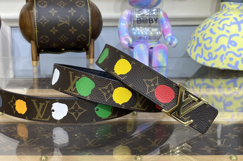 Louis Vuitton M0655W LV x YK LV Initiales 30mm Reversible Painted Dots Belt in Monogram Canvas and Black leather
