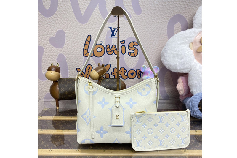 Louis Vuitton M24141 LV Carryall PM bag in Latte/Blue Embossed grained cowhide leather