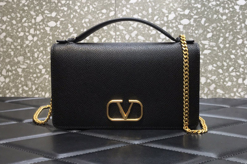 Valentino Garavani Vlogo Signature Wallet With Chain in Black Leather