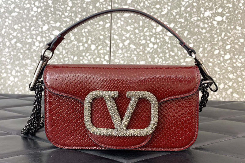 Valentino Garavani Loco small shoulder bag in Burgundy Snakeskin Leather