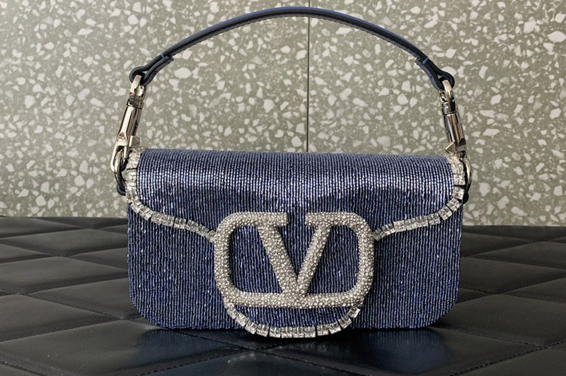 Valentino Garavani Loco embroidered Small shoulder bag in Blue Leather