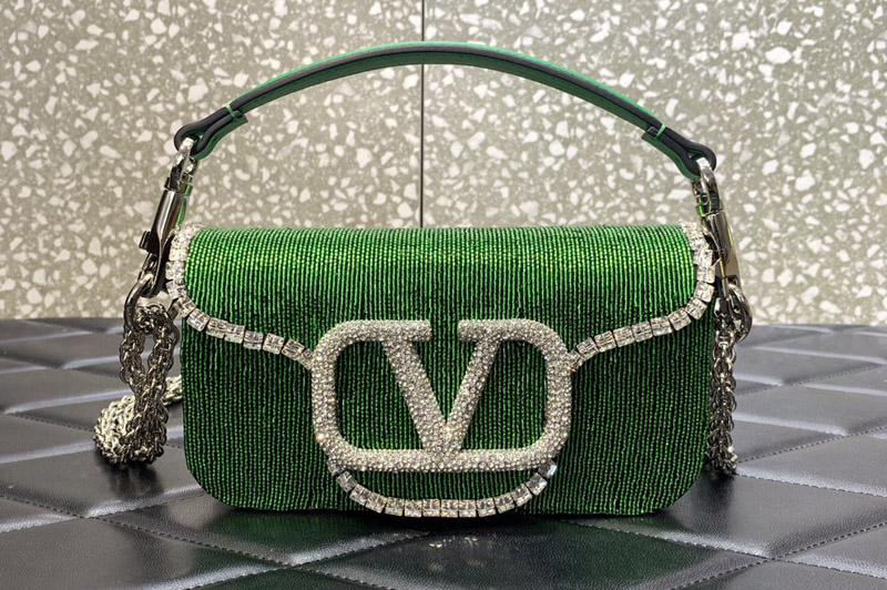 Valentino Garavani Loco embroidered Small shoulder bag in Green Leather