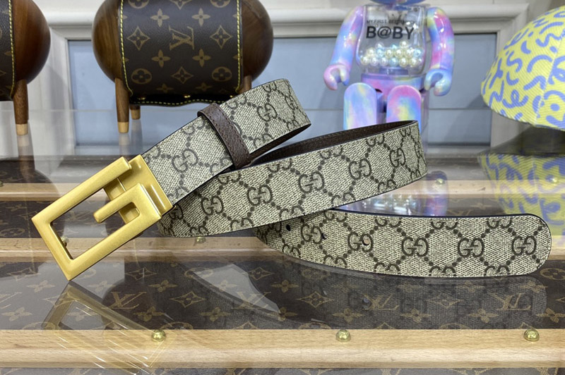 Gucci ‎626974 Reversible Belt with Gold Square G Buckle in Beige and ebony GG Supreme canvas