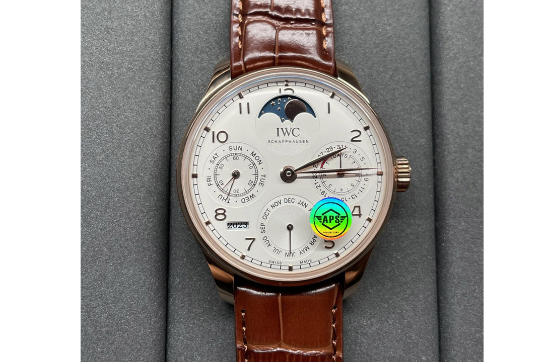 IWC Portugieser Perpetual Calendar RG 5033 APSF 1:1 Best Edition White Dial on Brown Leather Strap A52610 Clone