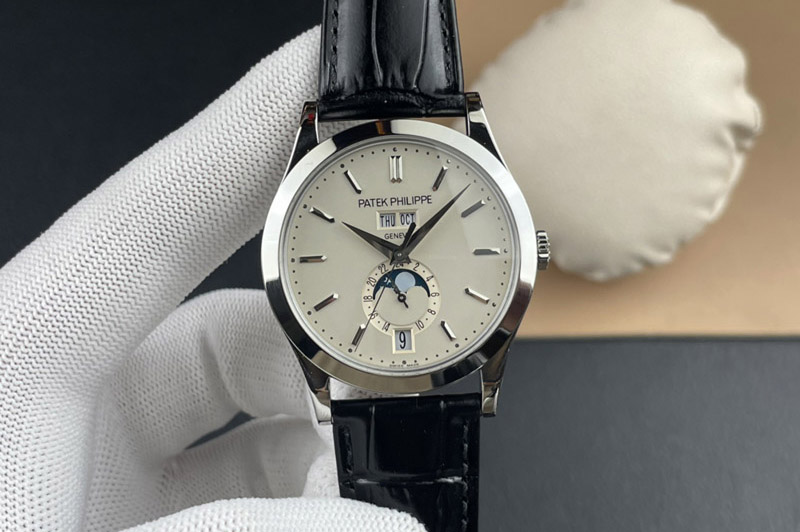 Patek Philippe Annual Calendar Moonphase 5396 SS ZF 1:1 Best Edition White Dial on Black Leather Strap A324