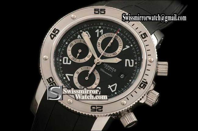 Hermes 2008 Clipper Chronograph SS/RU Black A-7750 28800bph Replica Watches