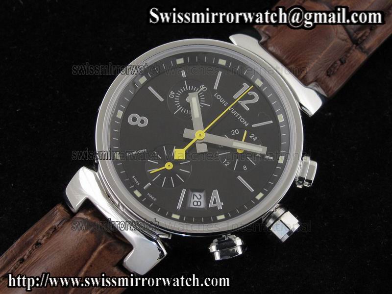 Louis vuitton Tambour Ladies Chronograph SS Black Dial on Brown Leather Strap Replica Watches