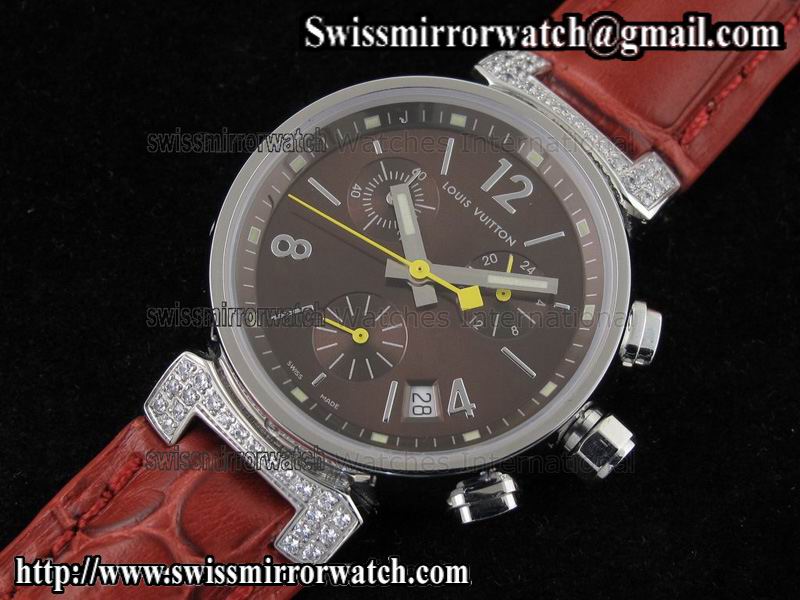 Louis vuitton Tambour Ladies Chronograph SS Diamond brown dial on Red Leather Strap Replica Watches