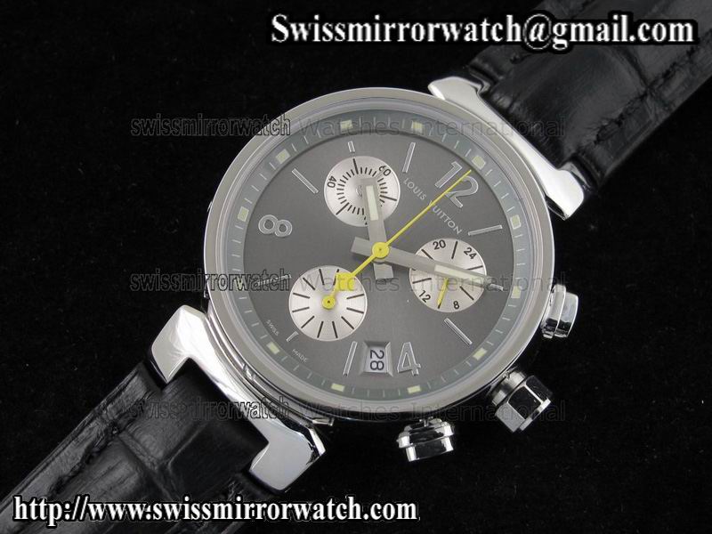 Louis vuitton Tambour Ladies Chronograph SS Grey Dial on Black Leather Strap Replica Watches