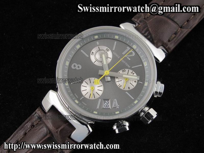 Louis vuitton Tambour Ladies Chronograph SS Grey Dial on Brown Leather Strap Replica Watches
