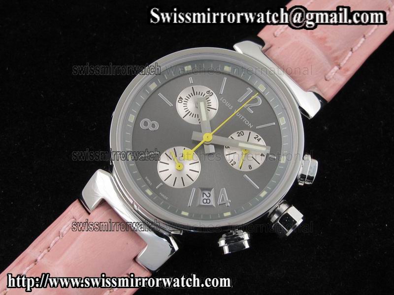 Louis vuitton Tambour Ladies Chronograph SS Grey Dial on Pink Leather Strap Replica Watches