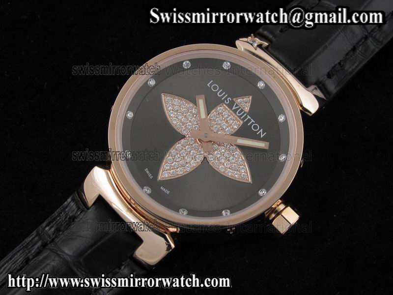 Louis vuitton Tambour Forever RG Black on Black Leather Strap Replica Watches
