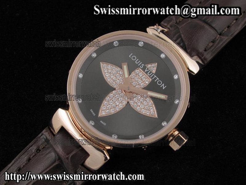 Louis vuitton Tambour Forever RG Black on Brown Leather Strap Replica Watches