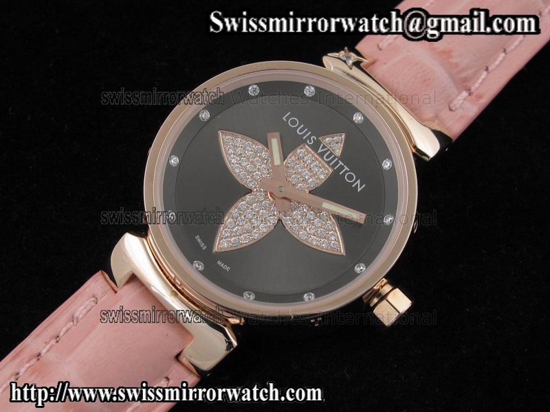 Louis vuitton Tambour Forever RG Black on Pink Leather Strap Replica Watches