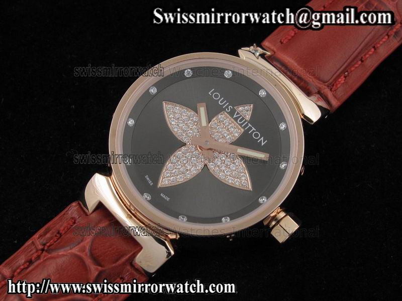 Louis vuitton Tambour Forever RG Black on Red Leather Strap Replica Watches