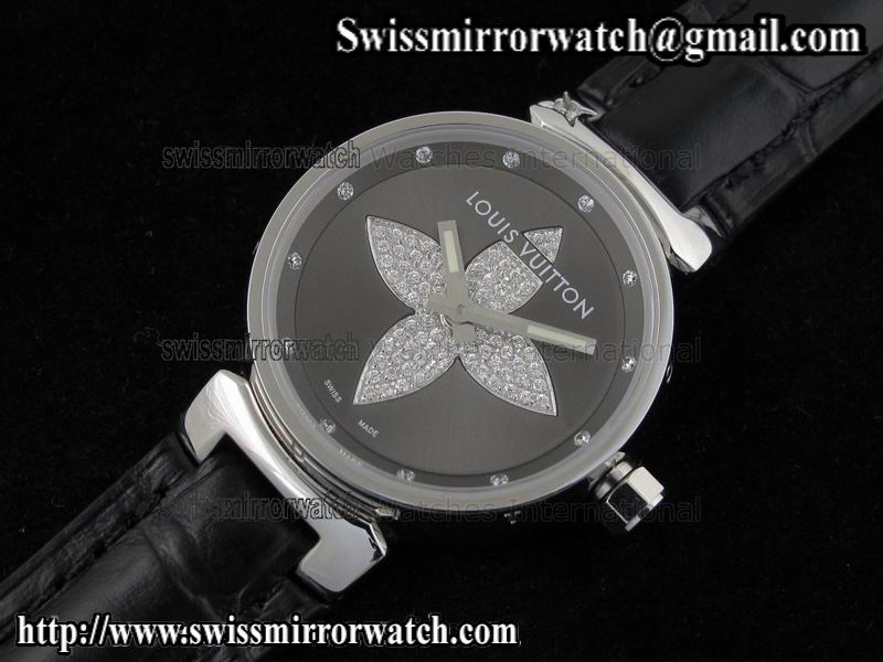 Louis vuitton Tambour Forever SS Black on Black Leather Strap Replica Watches