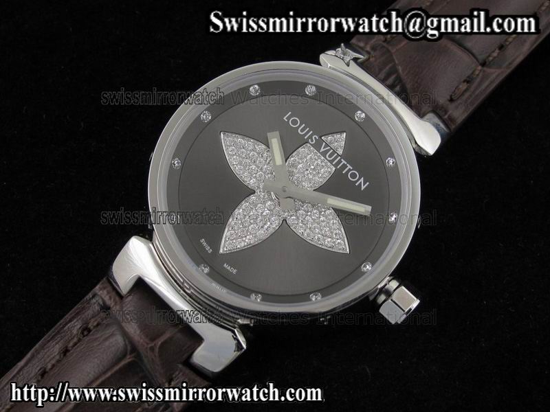 Louis vuitton Tambour Forever SS Black on Brown Leather Strap Replica Watches