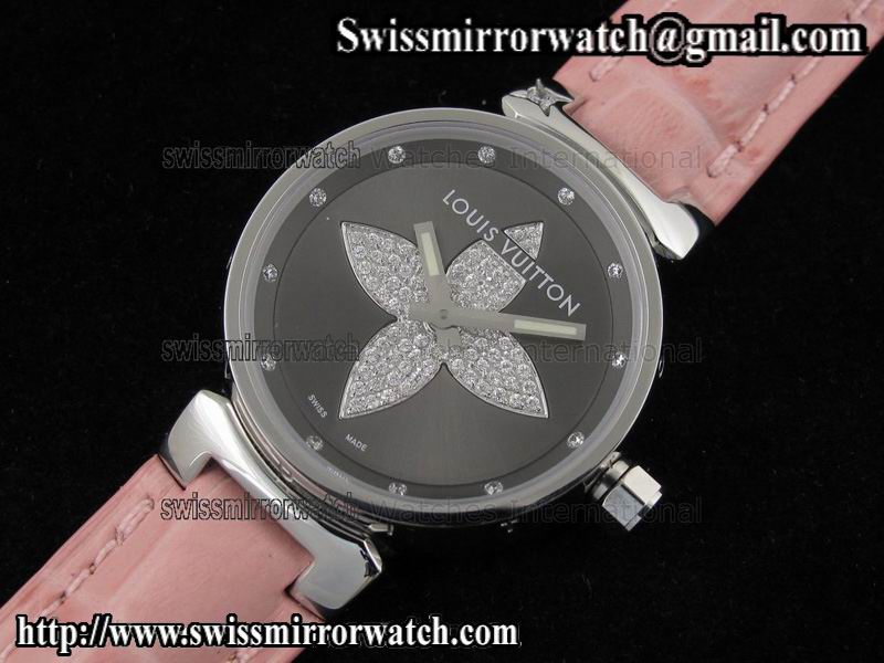 Louis vuitton Tambour Forever SS Black on Pink Leather Strap Replica Watches