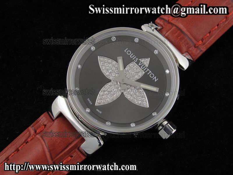 Louis vuitton Tambour Forever SS Black on Red Leather Strap Replica Watches
