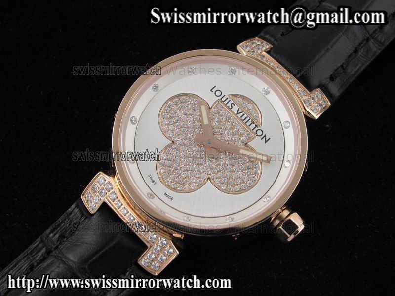 Louis vuitton Tambour Forever RG Silver on Black Leather Strap Replica Watches