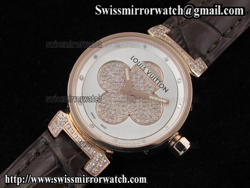 Louis vuitton Tambour Forever RG Silver on Brown Leather Strap Replica Watches