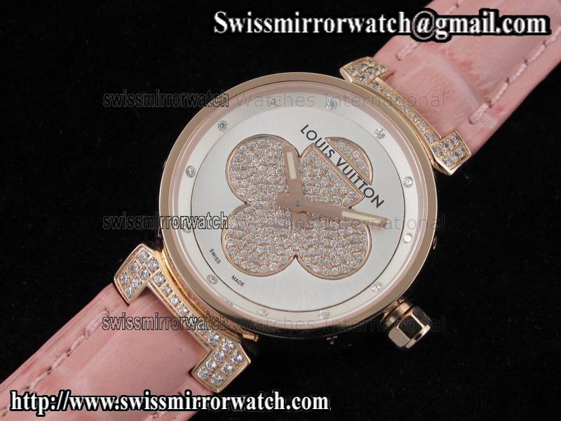 Louis vuitton Tambour Forever RG Silver on Pink Leather Strap Replica Watches