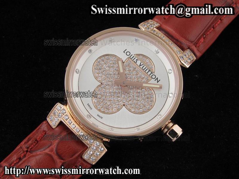 Louis vuitton Tambour Forever RG Silver on Red Leather Strap Replica Watches