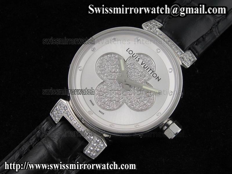Louis vuitton Tambour Forever SS Silver on Black Leather Strap Replica Watches