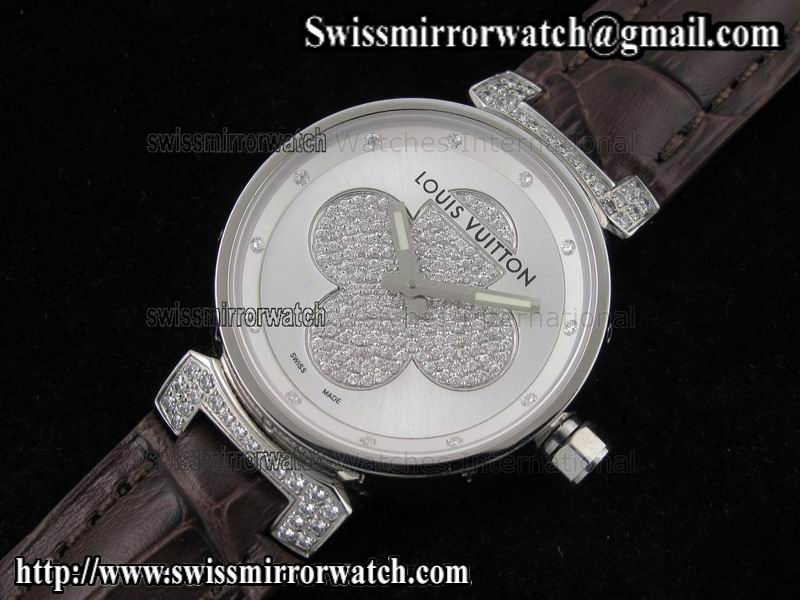 Louis vuitton Tambour Forever SS Silver on Brown Leather Strap Replica Watches