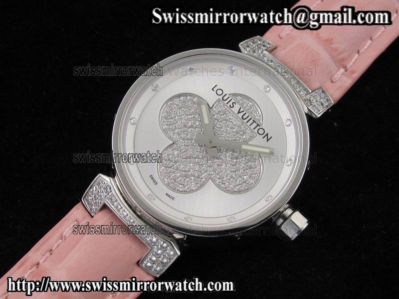 Louis vuitton Tambour Forever SS Silver on Pink Leather Strap Replica Watches