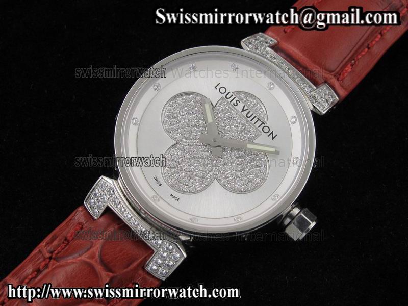 Louis vuitton Tambour Forever SS Silver on Red Leather Strap Replica Watches