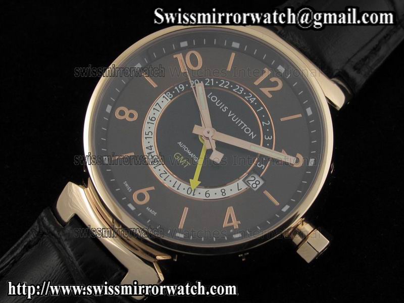 Louis vuitton Tambour GMT Ladies RG Brown Dial on Black Leather Strap Replica Watches