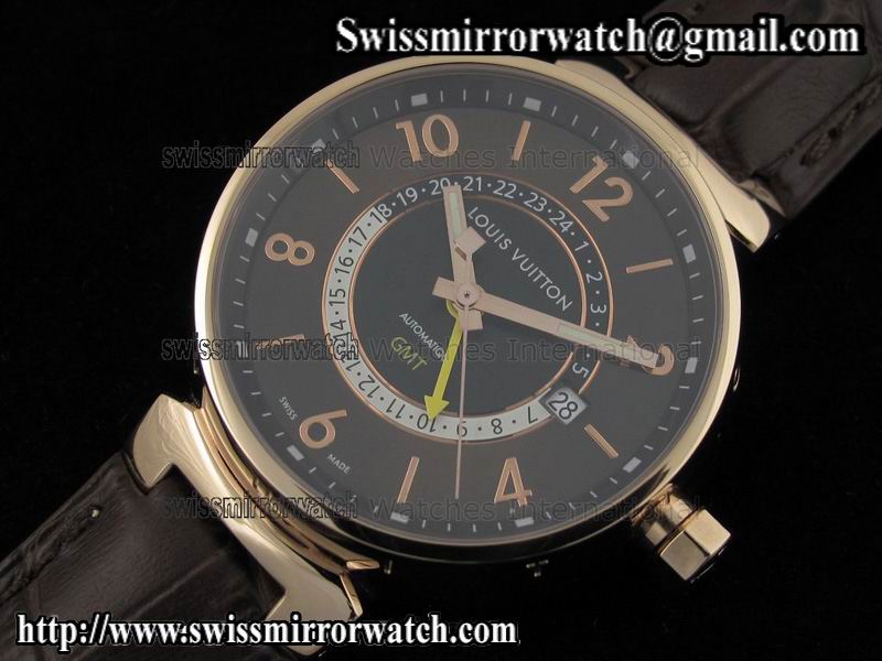 Louis vuitton Tambour GMT Ladies RG Brown Dial on Brown Leather Strap Replica Watches