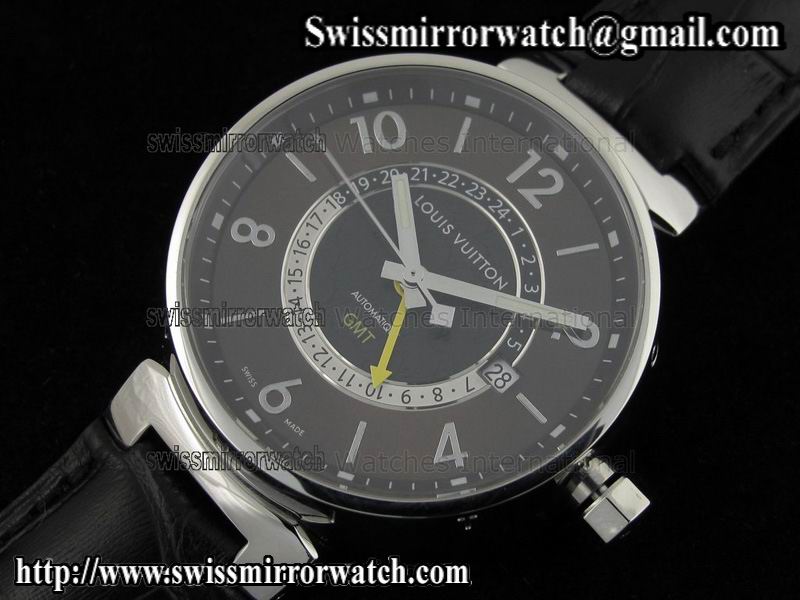 Louis vuitton Tambour GMT Ladies SS Brown Dial on Black Leather Strap Replica Watches