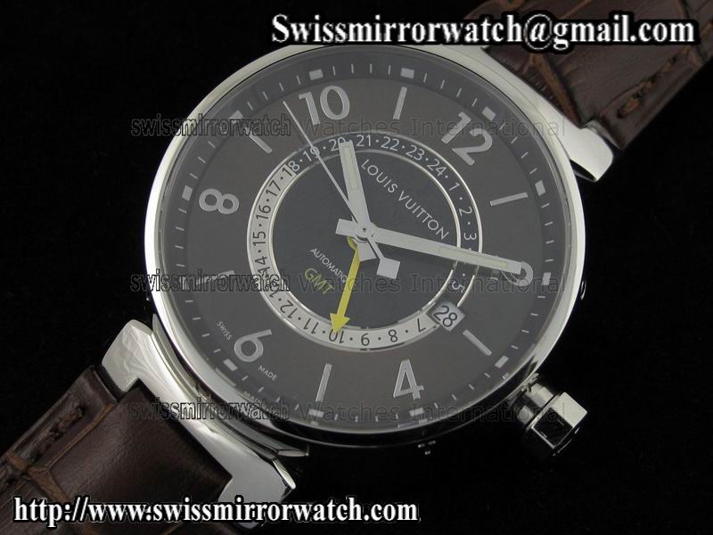 Louis vuitton Tambour GMT Ladies SS Brown Dial on Brown Leather Strap Replica Watches