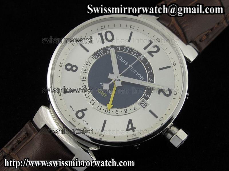 Louis vuitton Tambour GMT Men SS White Dial on Brown Leather Strap Replica Watches