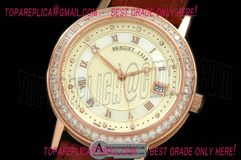 Breguet Classique Automatic 4927 Rose Gold/Leather/Diamond Cream Asian Eta Replica Watches