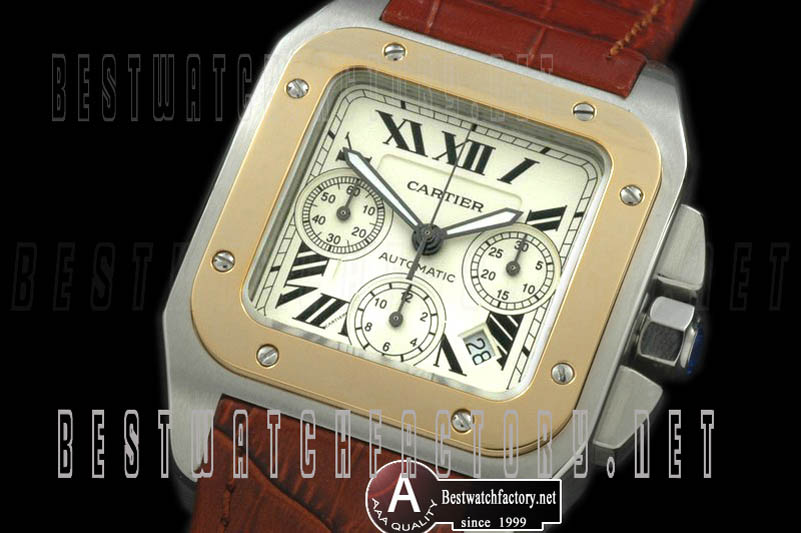 Cartier Santos 100 Chrono SS/Yellow Gold/Leather White Asia 7753 28800b