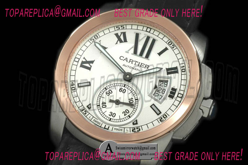 Cartier W7100039 Calibre de Cartier SS/Rose Gold/Leather White Asian 2824 28800bph Replica Watches