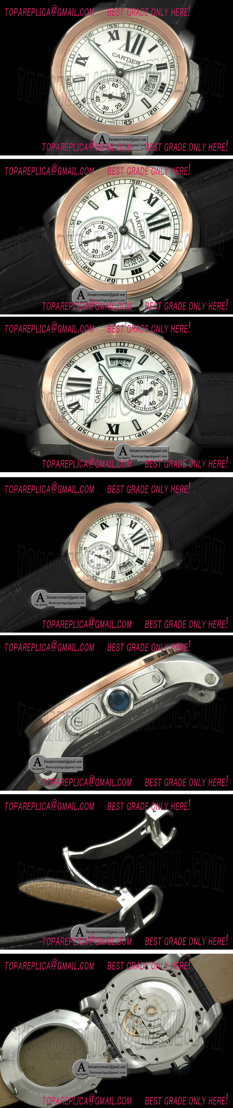 Cartier W7100039 Calibre de Cartier SS/Rose Gold/Leather White Asian 2824 28800bph Replica Watches