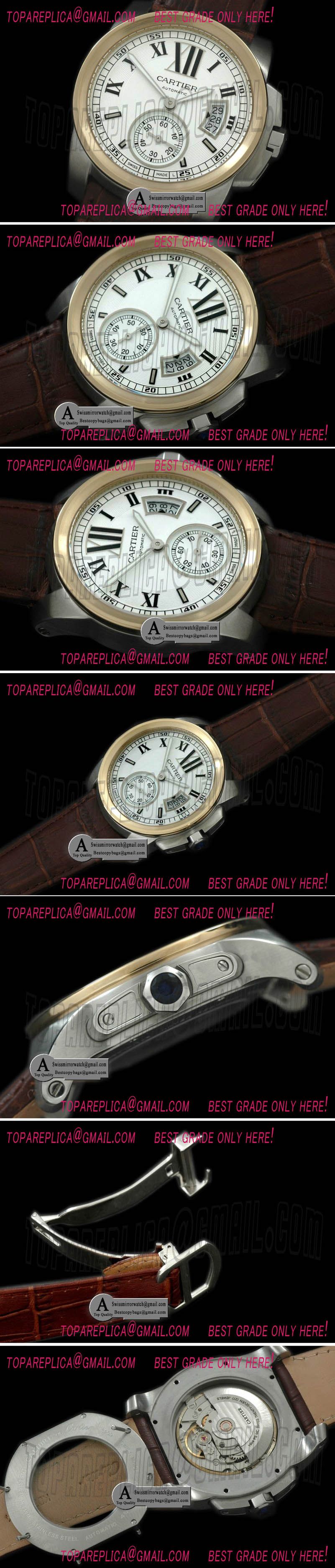 Cartier Calibre de Cartier SS/Yellow Gold/Leather White Asian 2836 28800bph Replica Watches