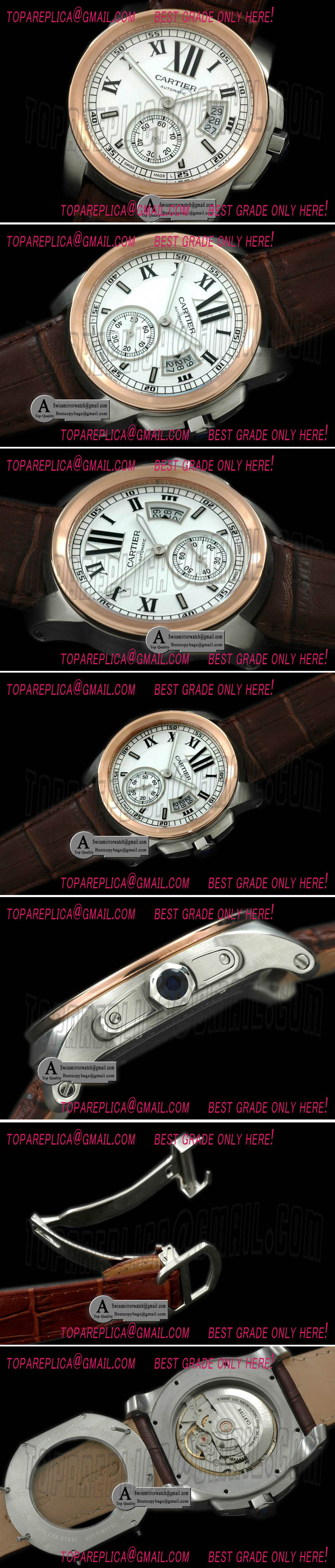 Cartier W7100039 Calibre de Cartier SS/Rose Gold/Leather White Asian 2836 28800bph Replica Watches