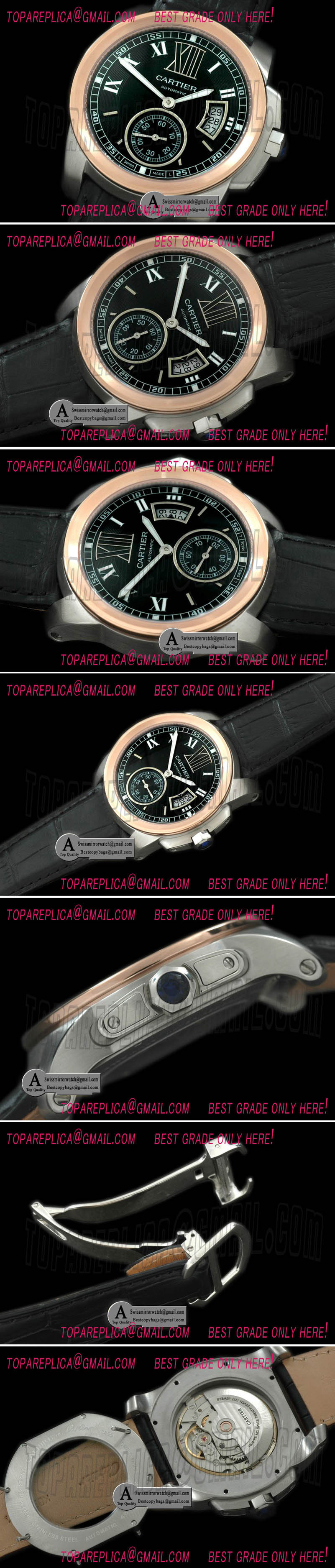 Cartier Calibre de Cartier SS/Rose Gold/Leather Black Asian 2836 28800bph Replica Watches